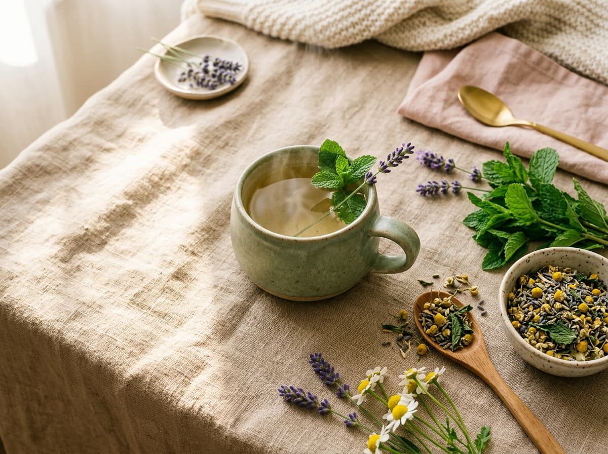 Soothing loose leaf herbal tea with chamomile, fresh ginger and cinnamon on linen