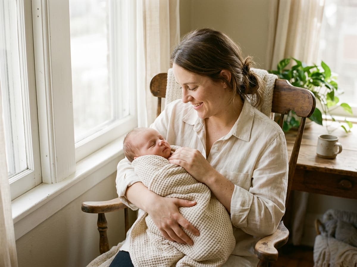 Mother holding her newborn wrapped in an organic cotton blanket