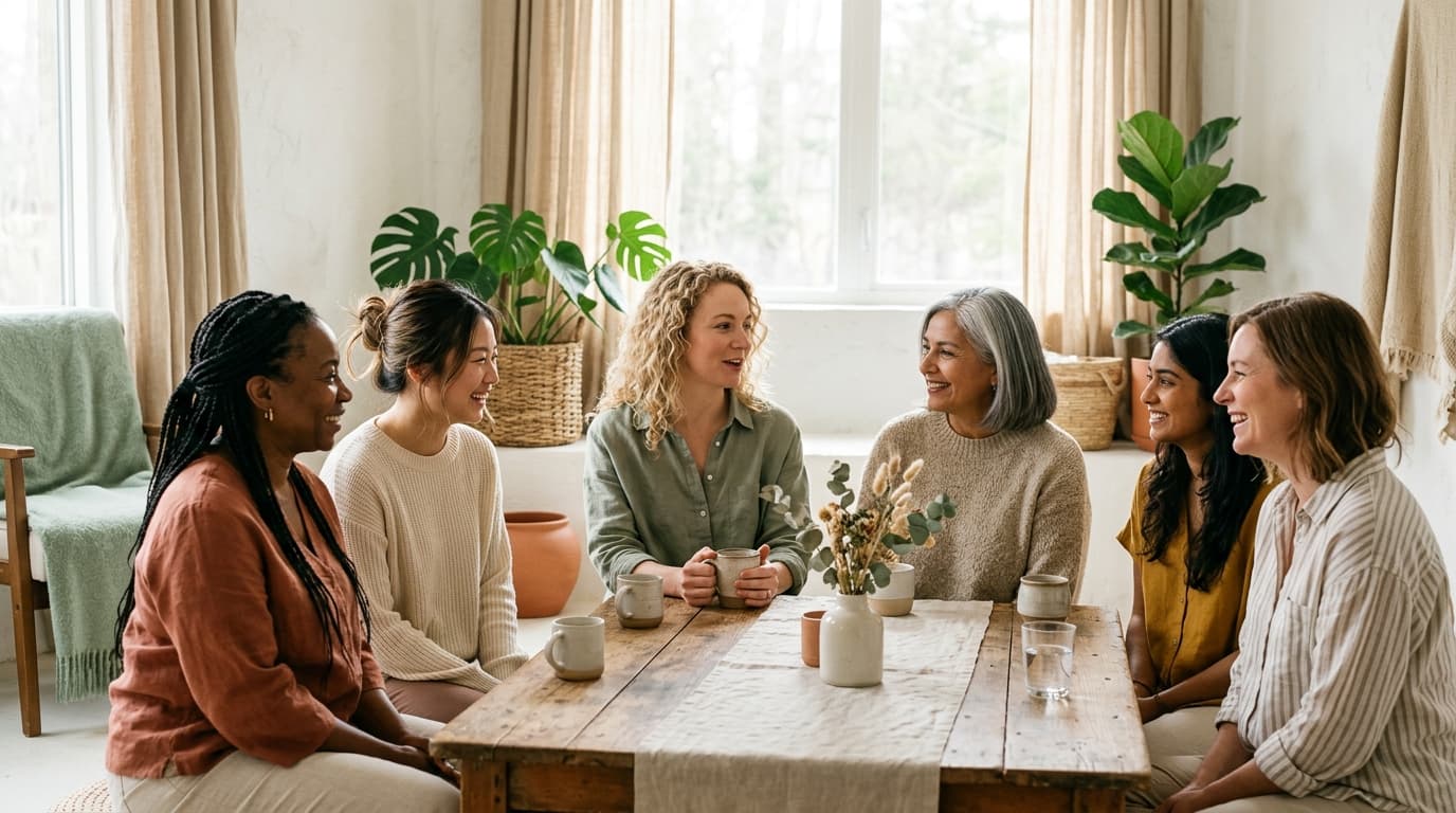 Diverse women conversing peacefully in a warm sunlit room