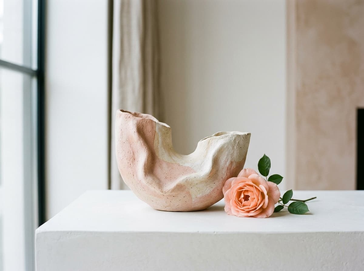 Sculptural organic ceramic and delicate rose on clean white marble surface