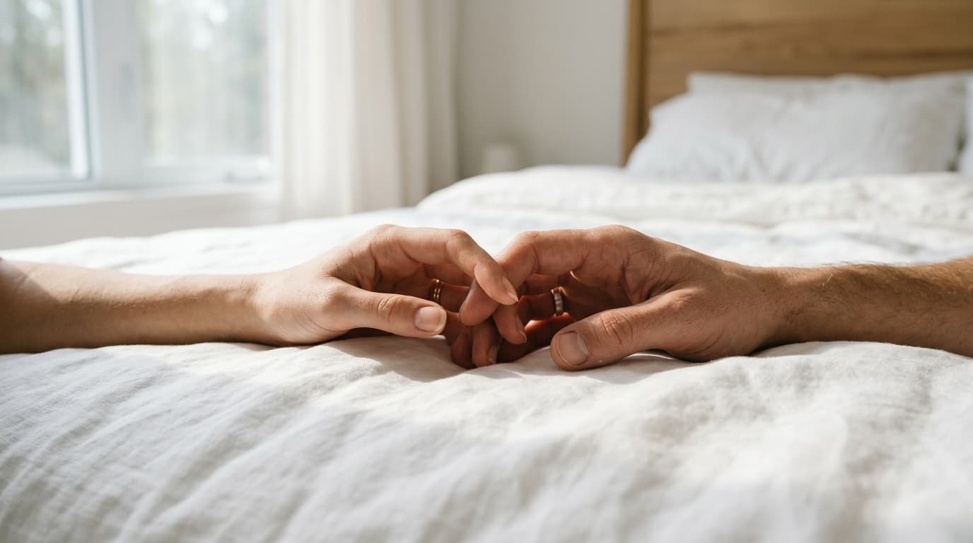 Two hands resting tenderly on crisp white linen sheets in soft morning light